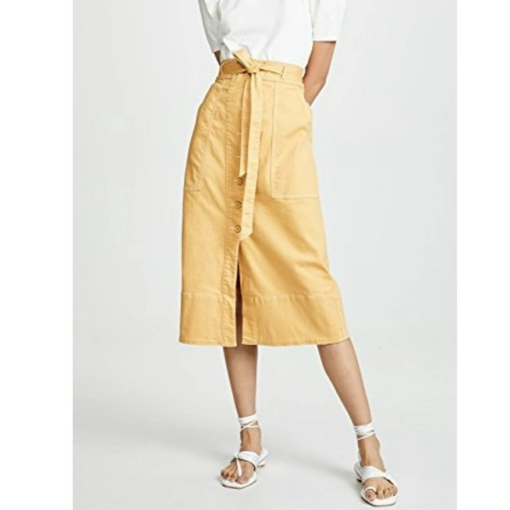 Ulla Johnson denim skirt yellow Tie Front Midi womens size 6 belted tie waist - Picture 2 of 8